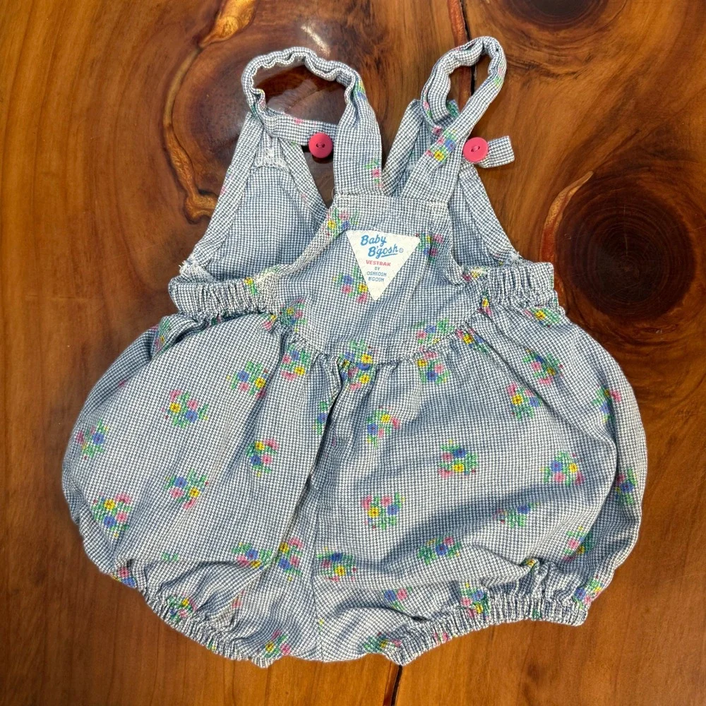 Vintage Oshkosh Overalls Denim 12M Cotton USA Floral Short Shortalls Bubble YY14
